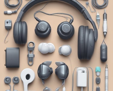 A collection of electronic devices and accessories are neatly arranged on a dark surface. Items include a tablet, a smartwatch, wireless earbuds, a TV box with remote, a drone, a controller, a set of keys with a key ring, a wireless mouse, and a coffee mug with text.