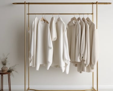 A well-lit clothing store interior featuring neatly arranged racks of clothing. There are various sections with diverse apparel including shirts, jackets, and pants in multiple colors. The center displays handbags and a table with folded clothes. The store has a modern design with wooden flooring and spotlights on the ceiling.