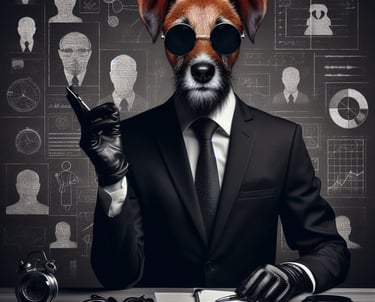 Jack Russell ID detetive, vestindo terno, gravata e luvas pretas e com um celular na mão