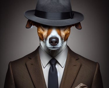 Jack Russell ID detetive vestindo terno e chapéu cobrindo os olhos