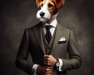 Jack Russell ID elegante com terno cinza e gravata preta e camisa branca