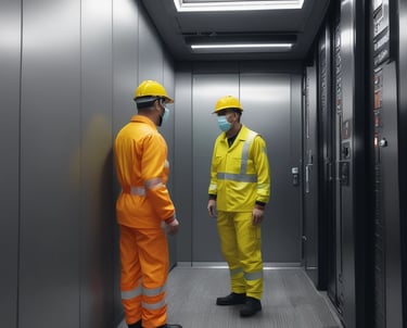 A forklift with an orange body and black details is positioned near a concrete barrier with two numbered signs. The operator inside the forklift is wearing a helmet. Nearby, a person in an orange jumpsuit and white safety helmet is standing on a paved surface. The area is bordered by grass and contains metallic railings.