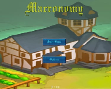 Macronomy game main menu showing a medieval farm house and field with start game and options buttons.