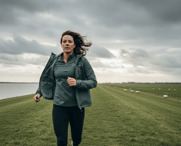 nederlandse vrouw hardlopen op een dijk