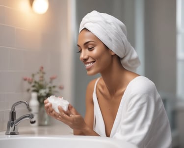 A collection of skincare products displayed on a light beige stone surface. The background features a soft, muted pink curtain with dried floral arrangements, adding an organic and natural element. The products are arranged in an aesthetically pleasing manner, with variations in height and texture for visual interest.