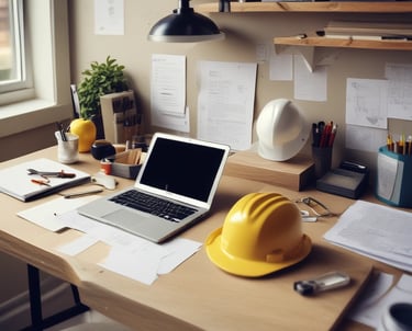 Contractor's office desk with a laptop, architectural blueprints, and yellow safety hard hats.