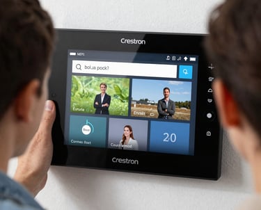 A woman with long hair, dressed in a black tank top and gray pants, is interacting with a smart home device mounted on a wall. She is holding a tablet in her left hand. The setting appears to be a modern home entryway with a wooden door featuring horizontal glass panels. A small side table near the wall supports a plant and some decorative items.