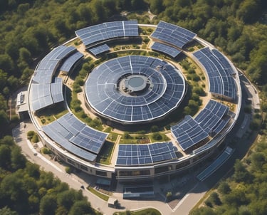 An aerial view of a building with a large array of solar panels on its roof. The structure is surrounded by greenery, pathways, and some smaller structures or landscaped areas. The environment appears to be a mix of natural and man-made elements, suggesting a focus on sustainability.
