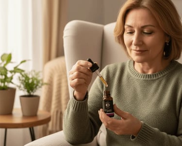 Mujer madura usando aceite CBD 10% Coco Pax para alivio natural del dolor crónico y mejora de calida