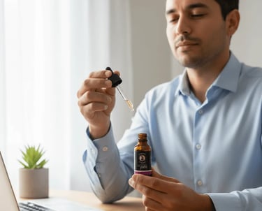 Hombre profesional usando aceite CBD 10% Coco Pax para gestionar el estrés laboral durante su jornad