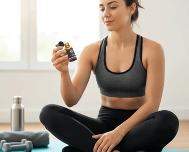 Mujer deportista usando aceite CBD 10% Coco Pax para recuperación muscular después de entrenar