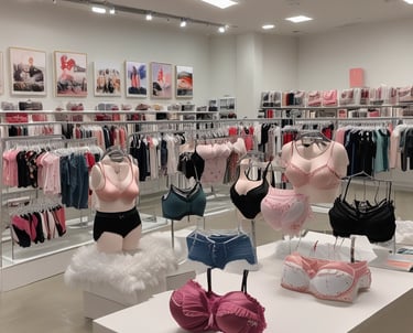 A retail store showcases clothing and sportswear on mannequins and hangers, with large vibrant posters featuring children in sports attire above. The interior displays bright garments and accessories on shelves and racks.