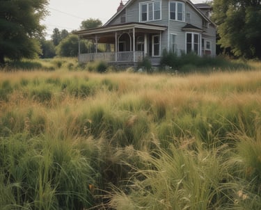 An abandoned brick building stands in a field, with its structure partially deteriorated. The windows are broken, and the roof appears to be collapsing. Leafless trees and overgrown grass surround the building, indicating neglect and decay.