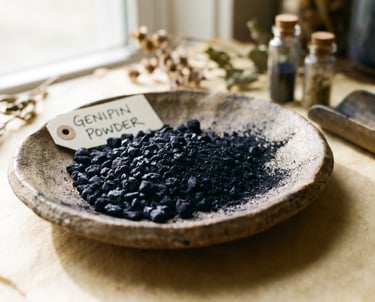 A stone bowl filled with blue genipin powder and granules for natural dye making.