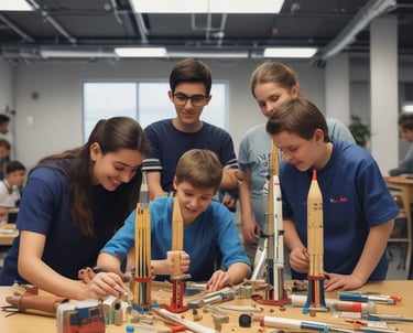 A group of students working together on a drone project in a classroom.