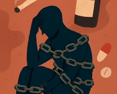 a person in chains surrounded by objects like pills and bottle of alcohol, representing addiction.