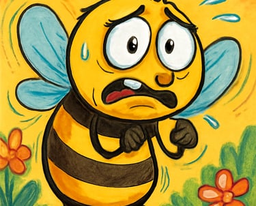 An animated bee with sweat pouring down its cheeks. The bee appears to be anxious and scared.