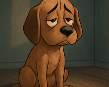 A animated image of a brown dog sitting in a dark room. The dog seems to be upset and depressed.