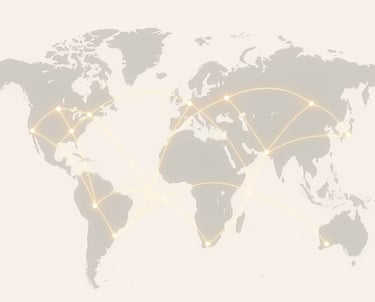 Minimal world map in soft beige and gray tones, showing golden connection lines linking 14 points across continents, symboliz