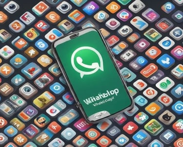 Um smartphone exibindo o logotipo do WhatsApp, cercado por vários ícones coloridos de aplicativos mó