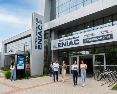 Estudantes caminham em frente ao prédio do campus do Centro Universitário Eniac em Guarulhos.