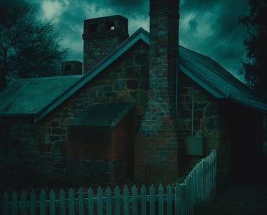 A spooky image of Bulundells Cottage in dark, ominous colours