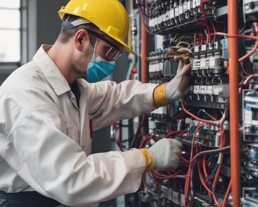 A garage with a sign reading 'Auto Electrical' above the entrance. Several vehicles, including a white van and a flatbed truck, are parked in front of the building. A person is seen working near the vehicles. A green street sweeper or council vehicle is on the street in the foreground.