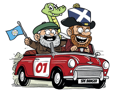 a cartoonish cartoon of a man driving a car