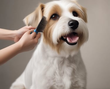 A small, fluffy dog with a gray and white coat is standing on a grooming table, attached with a blue harness. The room is well-lit with large windows and contains grooming equipment including dryers and a pair of scissors. Another dog, partially visible, is on a similar table in the background.
