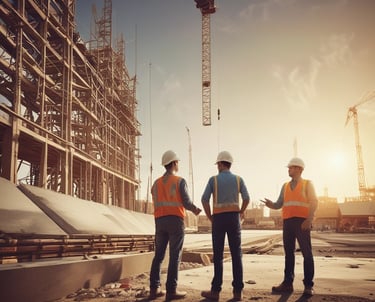 Engineer reviewing blueprints with a solar panel installation in the background.