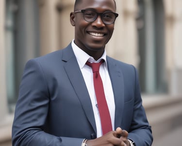 Professional headshot of a smiling Black businessman wearing a navy blue suit and white shirt.