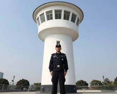 A vigilant security guard in uniform standing beside a secured gate with the Mexican flag in the background.
