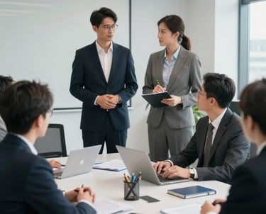 A diverse team collaborating around a laptop in a modern office space.