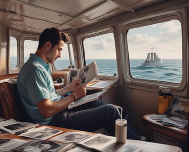 A sleek office workspace with maritime-themed decor and multiple screens displaying marketing materials and website designs.
