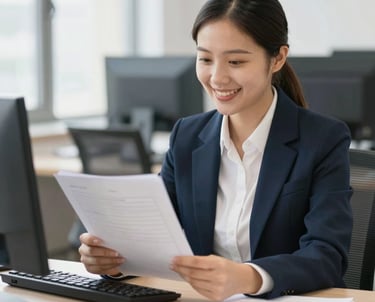 An elegant business consultant explaining financial charts to attentive clients in a modern office.