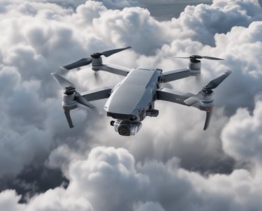 Aerial view of a drone capturing mapping data over a landscape.