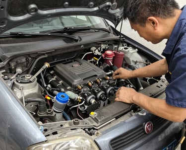 A mechanic working on a car in a well-lit garage.