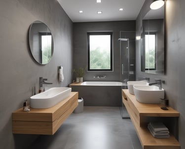 An interior space appears to be under renovation, featuring a large, decorative marble wall with an intricate pattern. Scaffolding, tools, and materials are scattered throughout the room, including a cart, power tools, and a table. The room is lit by natural light coming through large windows, adding to the sense of openness.