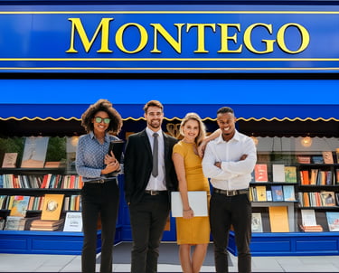 a group of 4 people standing in front of a bookstore