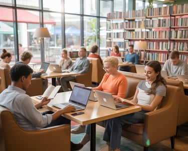 a group of people sitting at a table with laptopps