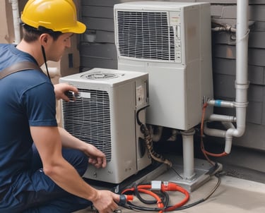 An air conditioning unit being installed in a commercial space.