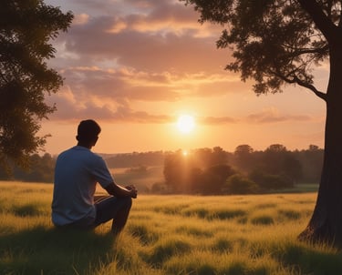 man in white shirt sitting on green grass field during sunset
