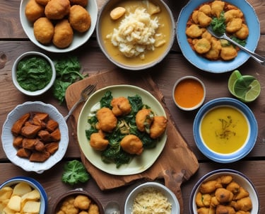 A colorful spread of Puerto Rican and soul food dishes beautifully arranged.