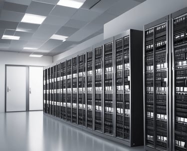 A modern office environment showcasing data storage and printing solutions.