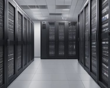 a long hallway with glass doors leading to another room