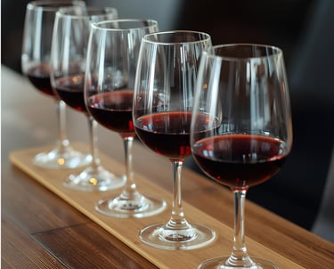 A flight of red wine in stemmed glasses