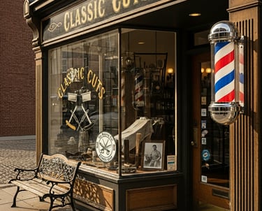 a barber shop with a bench and a barber shop