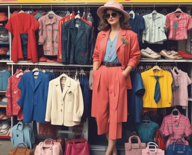 A vintage clothing rack filled with leather jackets and colorful sweatshirts.