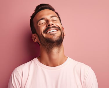 a happy man with a beard eyes closed and smiling