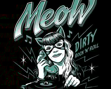 Dibujo 2 en colores verdes con logo de Meow Dj estilo comic 